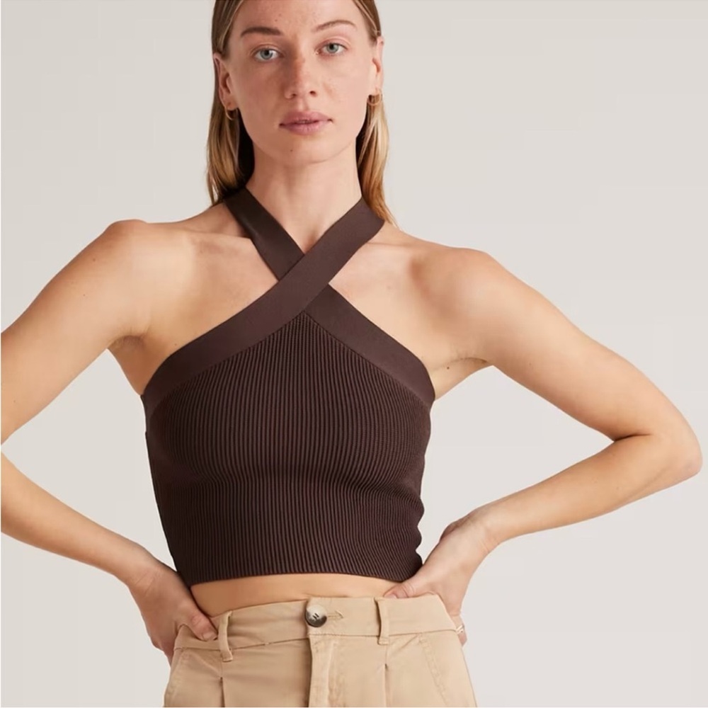 Babaton Brown Asymmetrical Criss cross ribbed sculpt knit halter Top